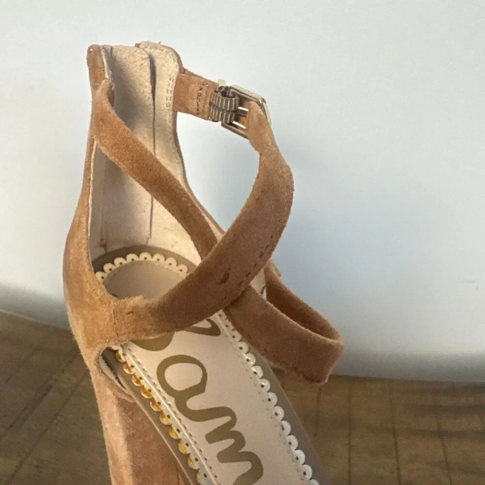 Sam Edelman Nude Suede Party Heels Women's 8 Closed Toe Strappy Pumps